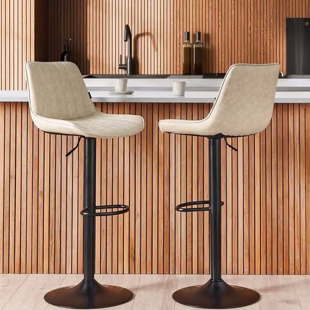 Wyld and Coco Set of 2 Light Beige Faux Leather Height-Adjustable Swivel Stools