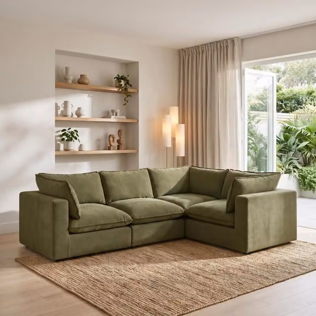 Furniturebox UK Echo Linen-Look Fabric 3 Seater Modular L-Shape Corner Sofa in Green