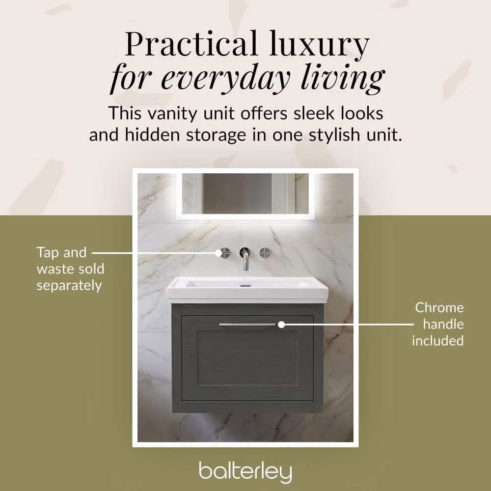 Balterley Wall Hung Modern Single Drawer Vanity Unit with Basin in Dark Grey, W: 60 cm, D: 51.5 cm, H: 47.1 cm – 3