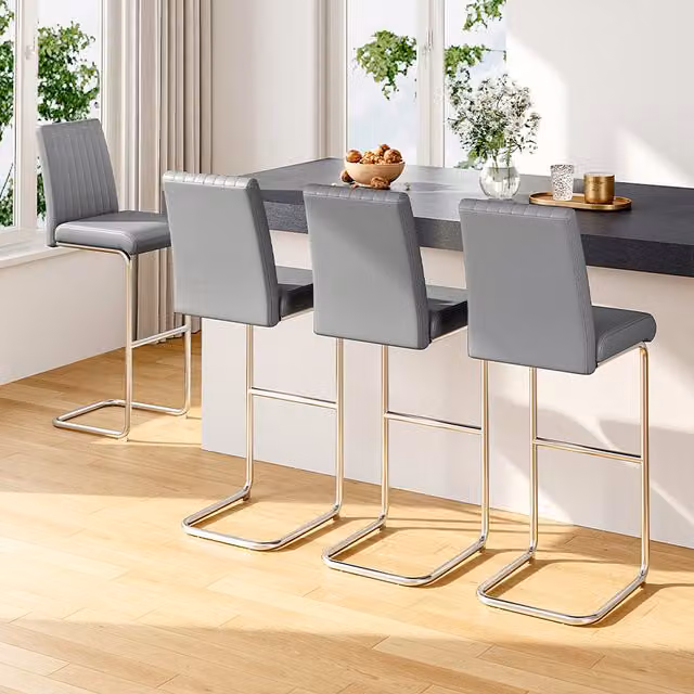 Livingandhome Set of 2 Mid Century Grey Synthetic Leather Armless Bar Stools