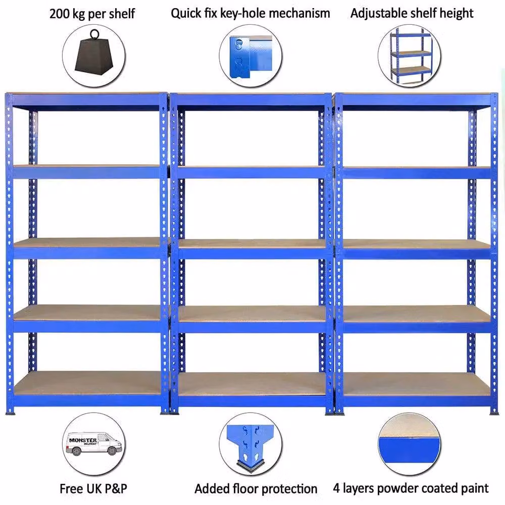 Monstershop Q-Rax Blue Steel Heavy Duty Garage Storage Shelving Unit, W/D/H: 90 x 50 x 182.5 cm – 3