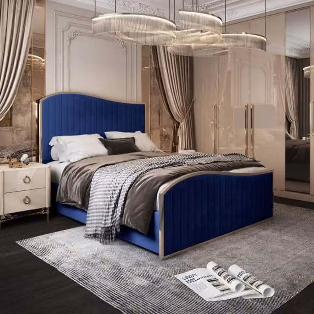 KDMD Idbury King Size Upholstered Velvet Designer Bed Frame in Blue with Metal Details, W/D/H: 180 x 200 cm