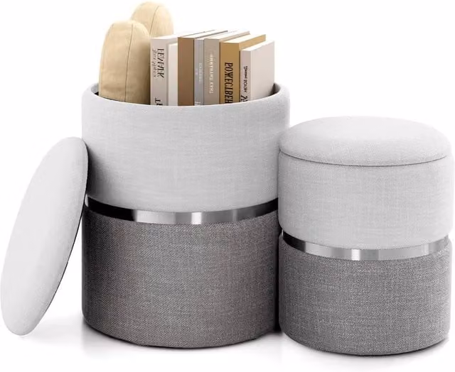 Gymax 2 Pack Round Linen Fabric Ottoman Vanity Stools in Beige – 1