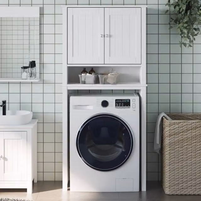Berkfield Home BERG White Solid Wood Washing Machine Cabinet with Hinged Doors and Internal Shelves, W/D/H: 76 x 27 x 164.5 cm