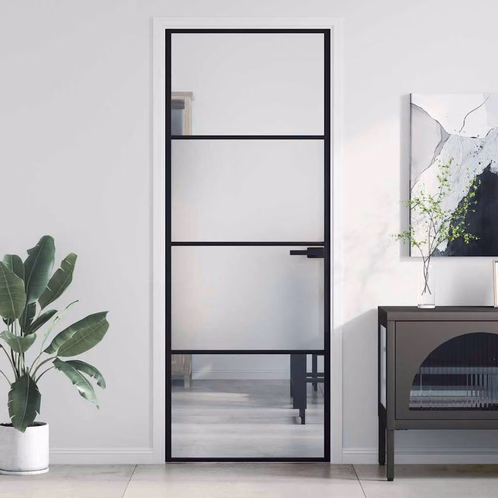 Berkfield Modern Slim Interior Door in Black with Transparent Tempered Glass and Aluminium, W: 76 cm, H: 201.5 cm – 2