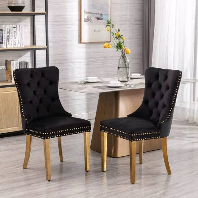 HomeTouch Set of 2 Black Velvet Dining Chairs with Gold Steel Legs