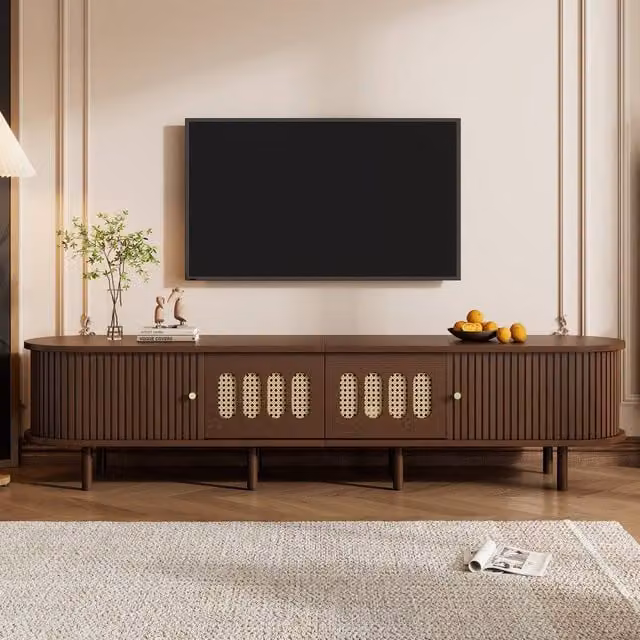 Matteo Walnut Oval TV Stand with Rattan-Effect Doors and 2 Drawers in Brown