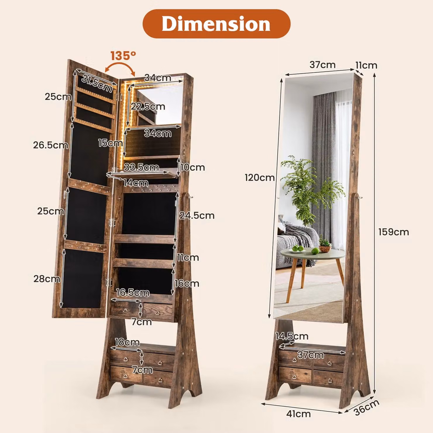 Costway Brown Jewelry Cabinet Armoire with 3-Colour LED Lighting and Mirror – 2