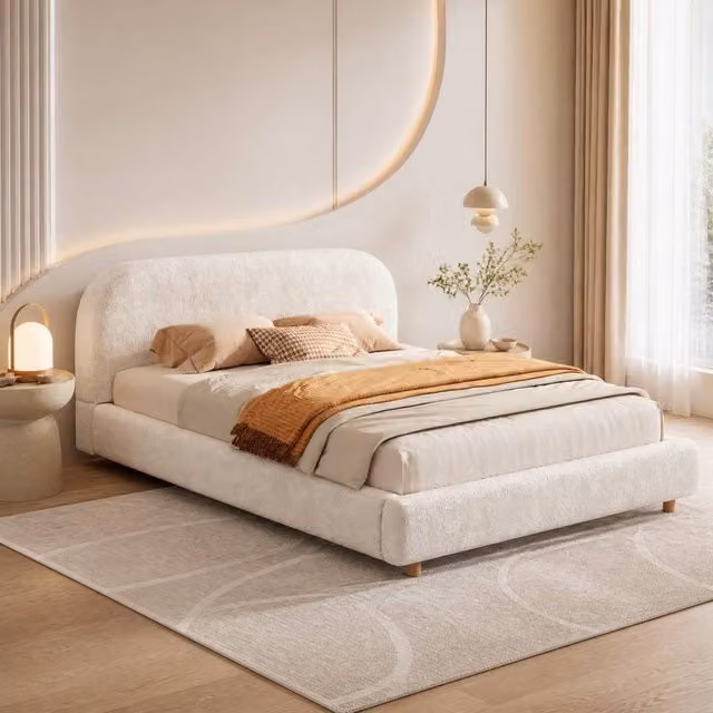STILVORA Double Bed Frame with White Boucle Upholstery and Lift Up Base, W/D/H: 140 x 200 x 90 cm