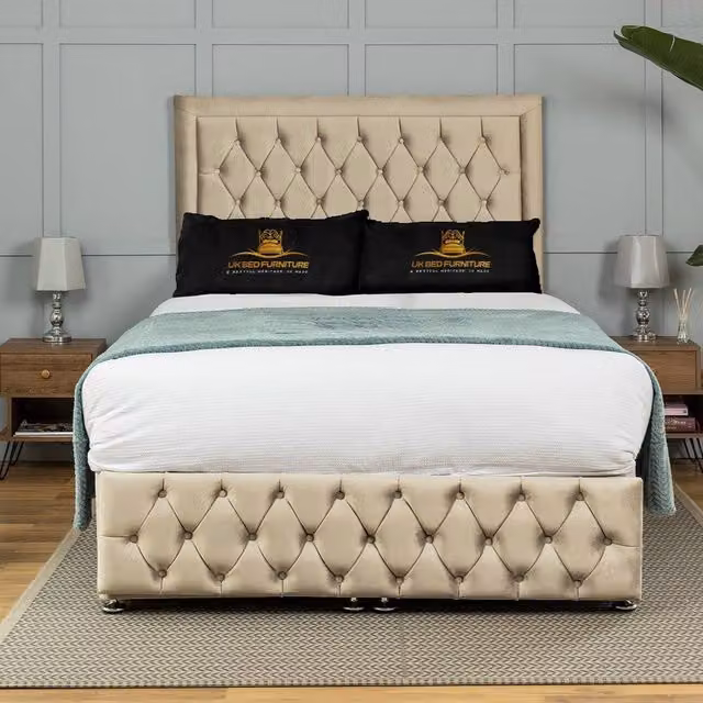 UK Bed Furniture Kingston End Lift Divan Ottoman Bed with 54 Inch Tall Headboard in Beige Fabric, W/D: 120 x 200 cm