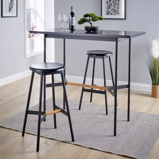 Home Source Bar Table and Stool Set with Black Metal Frame and Oak Wood Finish – 1