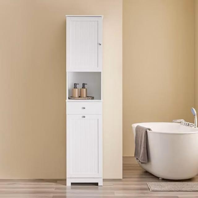SoBuy White Modern Narrow Bathroom Tall Cabinet with Hinged Doors and Internal Shelves – 1
