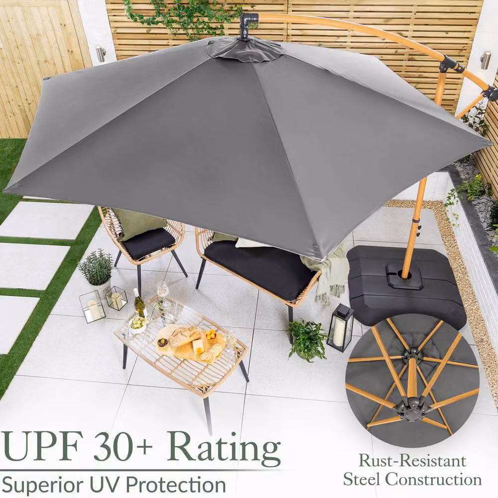 Christow 3m Banana Parasol in Grey with Wood Effect Crank Handle and UPF 50+ Protection – 3