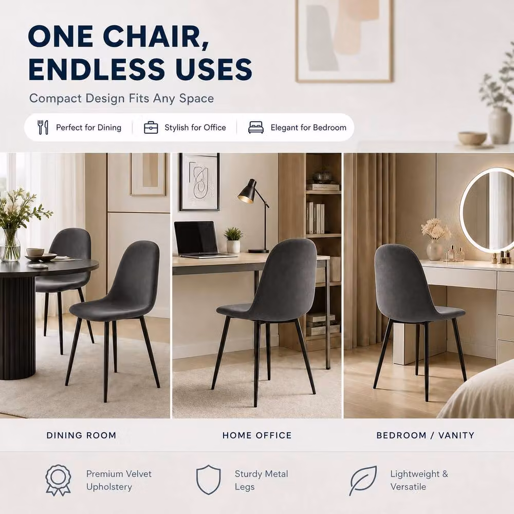 Bravich LTD Set of 4 Ron Grey Velvet Upholstered Dining Chairs with Metal Legs – 4