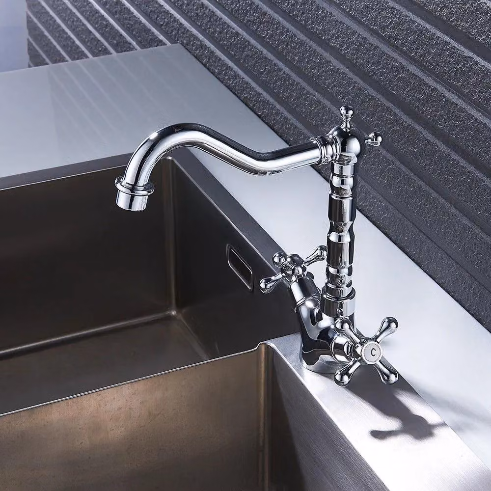 Nes Home Victorian Traditional Twin Cross Handle Kitchen Sink Mono Mixer Tap in Silver Chrome – 3