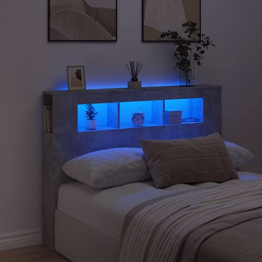 Berkfield Home LED Headboard in Concrete Grey with Integrated Lighting and Shelf, W/D/H: 140 x 18.5 x 103.5 cm – 1