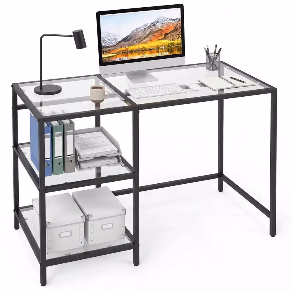 NESTLUNE Modern Glass Computer Desk in Black and Transparent – 2