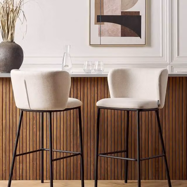 Wyld and Coco Set of 2 Modern Bar Chairs with Curved Back and White Polyester Upholstery