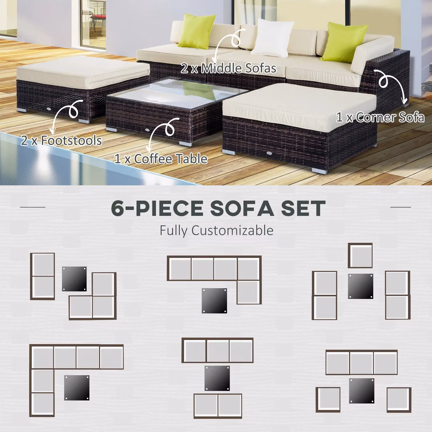 Outsunny 6 Piece Brown Polyrattan Garden Furniture Set with Upholstered Cushions – 6