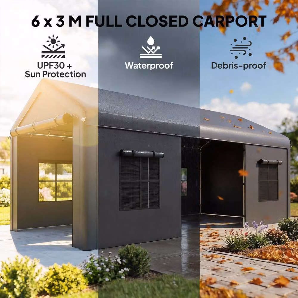 OUTSUNNY Heavy Duty Gable Carport with 3 Doors and Windows, Dark Grey, W: 600 cm, D: 300 cm, H: 282 cm – 4