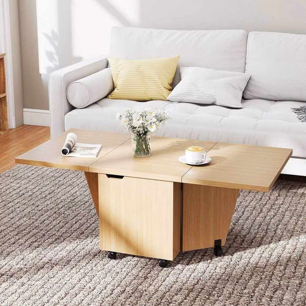 KORVIXA Rectangular Rolling Tea Table with Storage Cabinet in Light Oak, W/D/H: 100 x 100 x 90 cm – 2