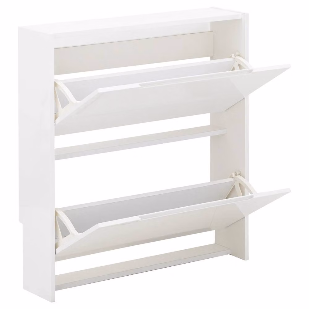 FORGEVIO White High Gloss Narrow 2 Tier Freestanding Shoe Cabinet with Tilting Compartments – 2