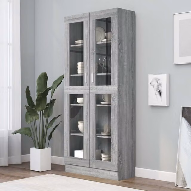 Berkfield Home Vitrine Cabinet in Grey Sonoma with Glass Doors, W/D/H: 82.5 x 30.5 x 185.5 cm