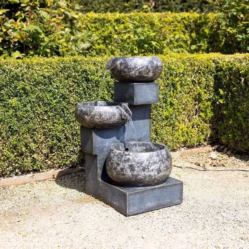 Primrose Tavira Cascading Tiered Bowls Water Feature with Lights in Grey, Height: 66 cm – 2