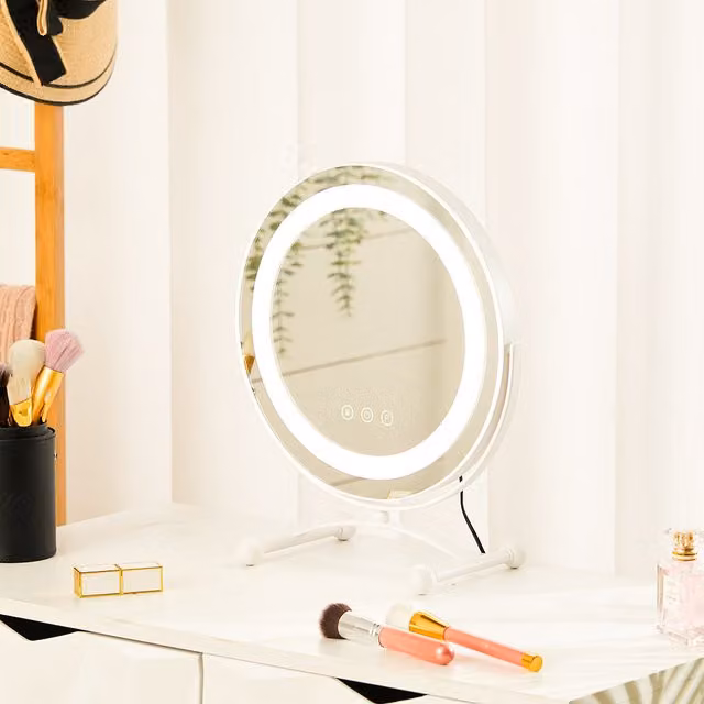 Livingandhome Round Crystal Edge LED Tabletop Vanity Mirror in White
