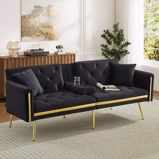 Merax Black Velvet Sofa Bed with Gold Trim and Fold-Down Cup Holders, W/D/H: 174 x 76 x 71.5 cm