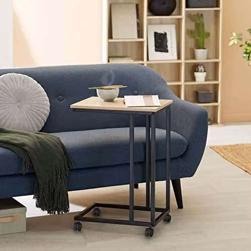 tectake C-Shaped Industrial Side Table with Steel Frame and Swivel Castors, Dark Wood and Black, W: 48 cm, D: 35 cm, H: 70 cm – 2