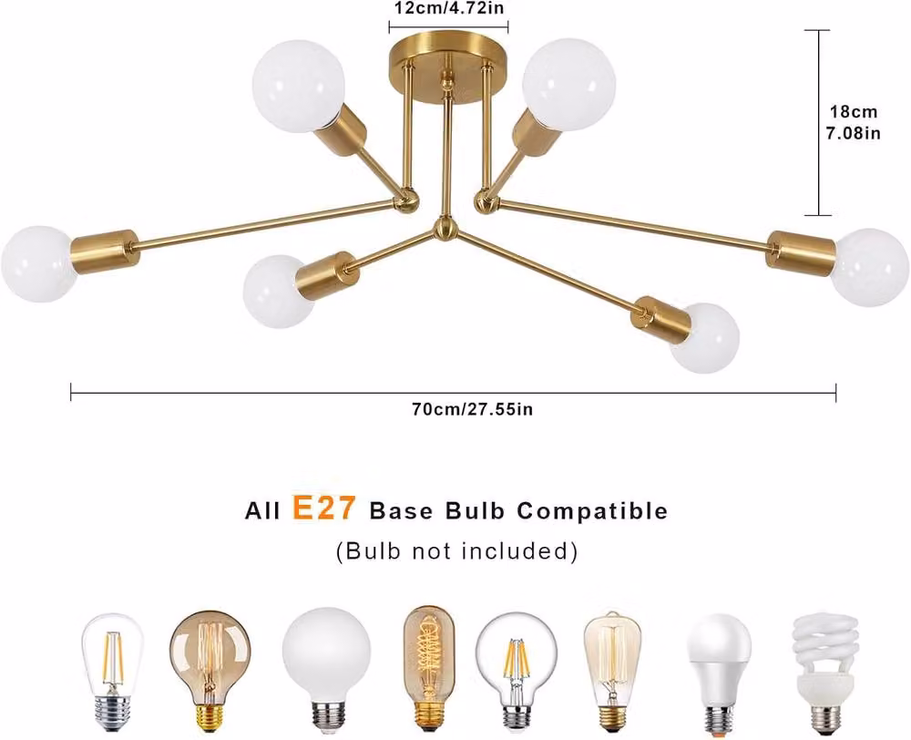 Goeco Sputnik Chandelier, Vintage 6-Bulb Industrial Metal Ceiling Light in Gold/Brass, E27 – 2