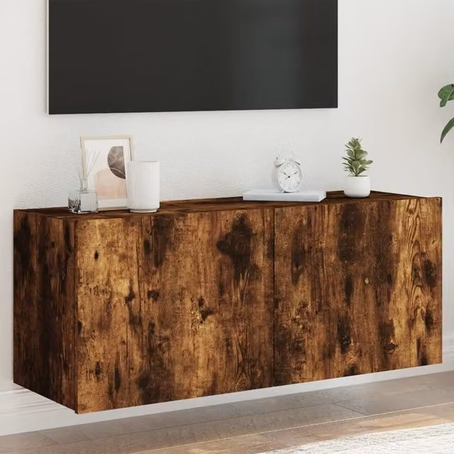 Berkfield Home Modern Wall-Mounted TV Cabinet with Integrated LED Lights in Smoked Oak Brown, W/D/H: 100 x 35 x 41 cm – 1