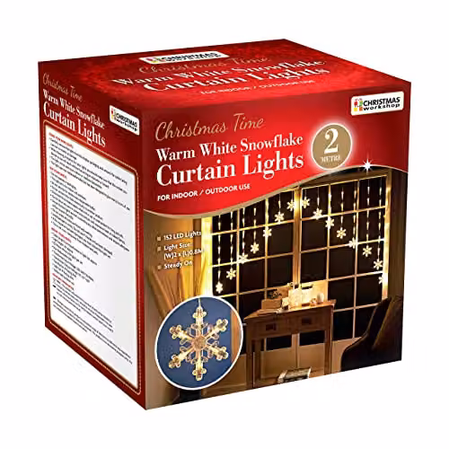 The Christmas Workshop Warm White LED Snowflake Curtain Lights, 2m, Mains Operated – 6