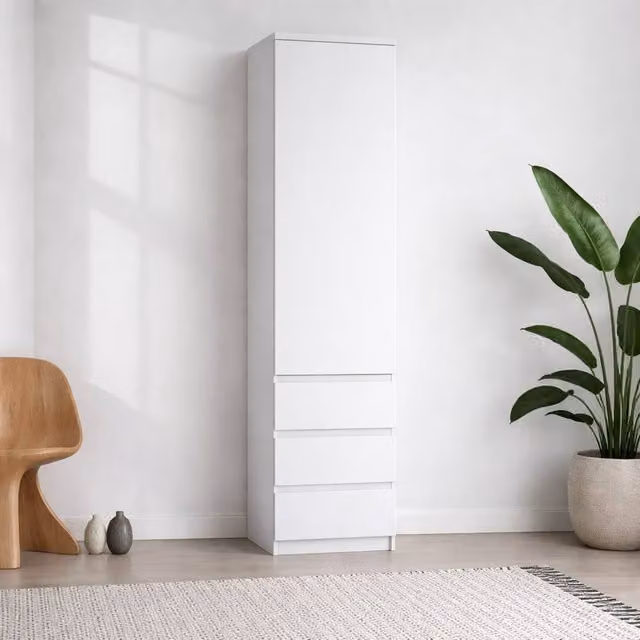 Wyld Haus Hemingway Tall Narrow White Wooden Storage Cabinet with 1 Door and 3 Drawers H 200 x W 50.1 x D 40 cm