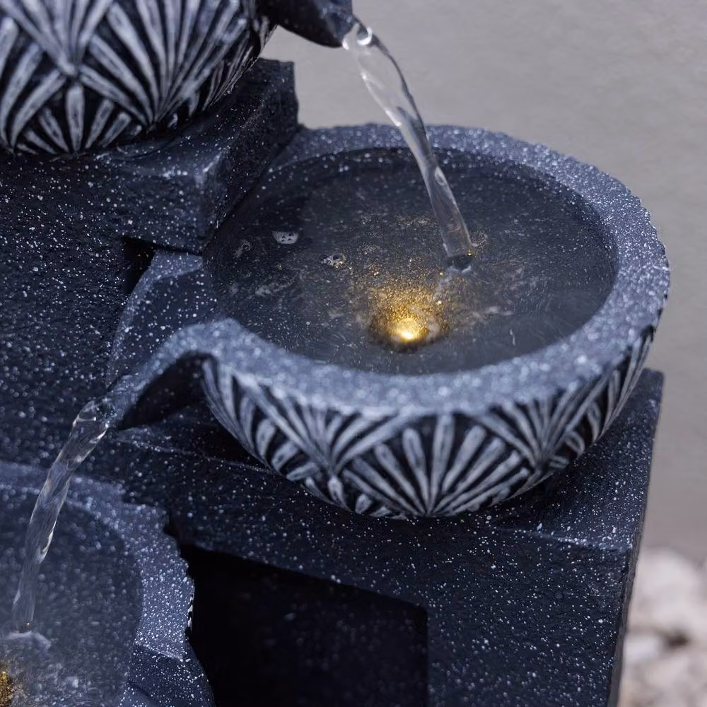 Primrose Talla 3 Tiered Stacked Bowls Grey Outdoor Water Feature with LEDs, Height: 41 cm – 4