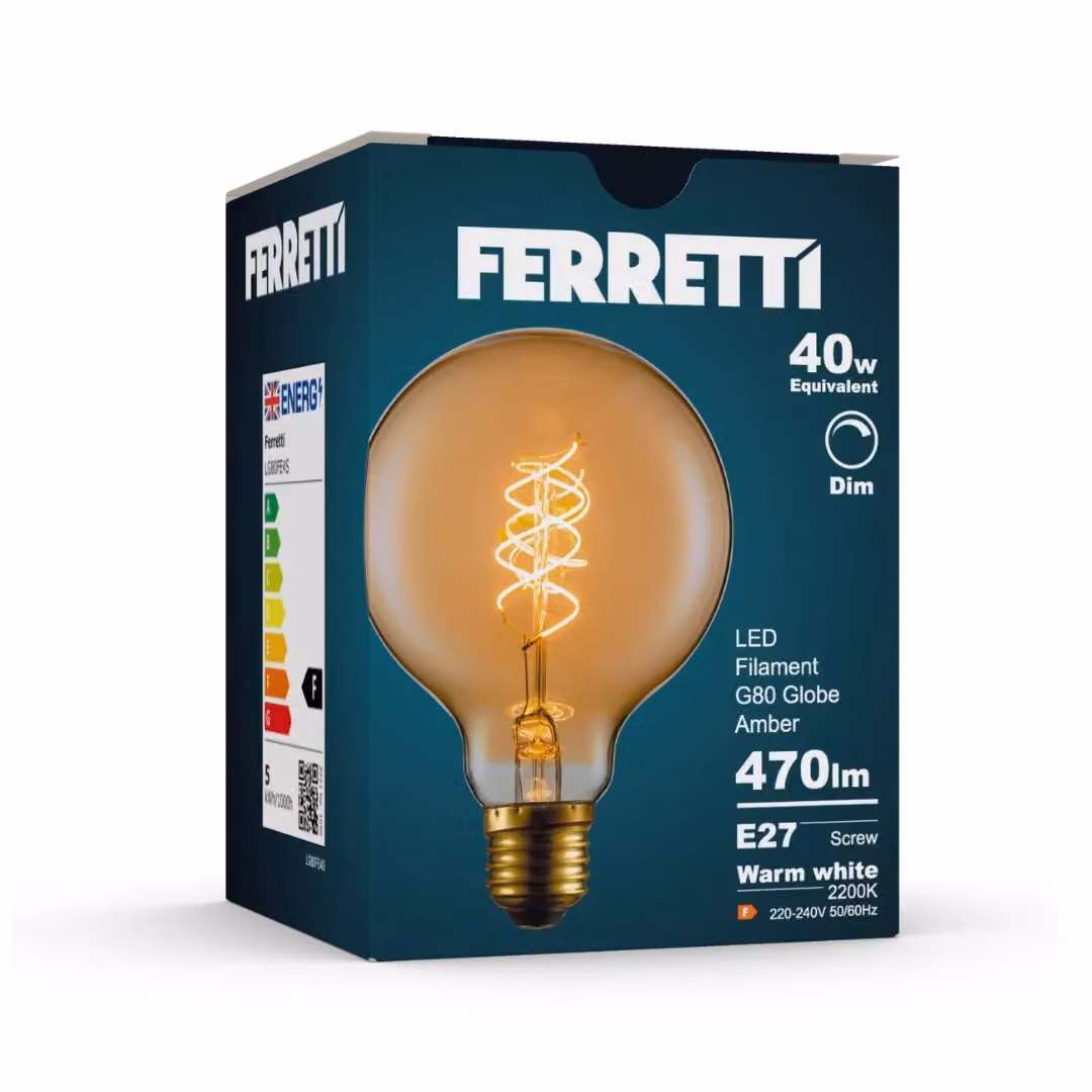 Ferretti G80 Amber Globe E27 LED Spiral Filament Dimmable Bulb Pack of 6 in Transparent Glass – 2
