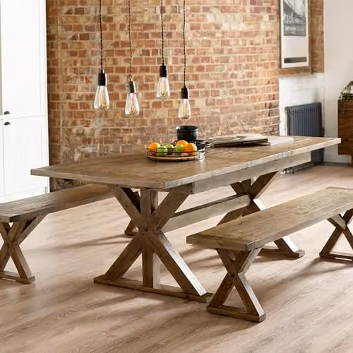 Julian Bowen Extendable Rectangular Trestle Dining Table in Beige and Brown, W/D/H: 220 x 77.5 x 97.5 cm – 1