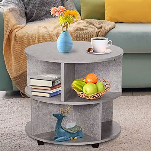 HOMCOM 2 Tier Round Coffee Table with Castors and Divided Shelves, Grey – 4