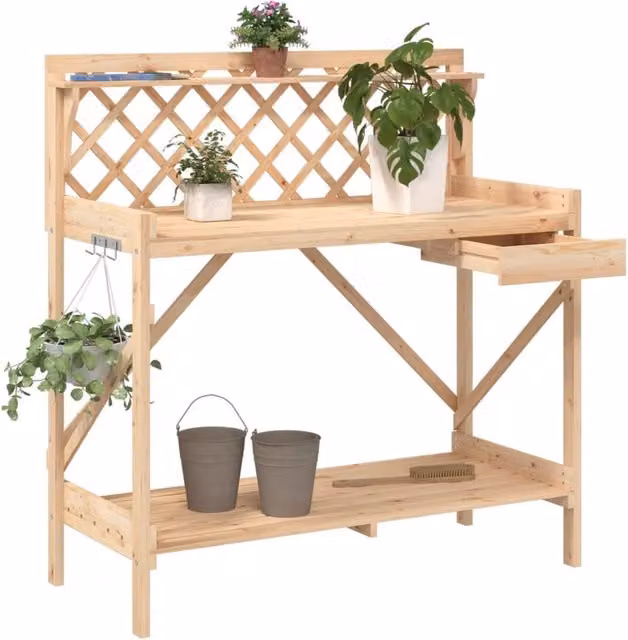 Berkfield Home Potting Bench with Trellis in Brown Solid Wood and Metal, W/D/H: 117 x 50 x 110 cm – 1