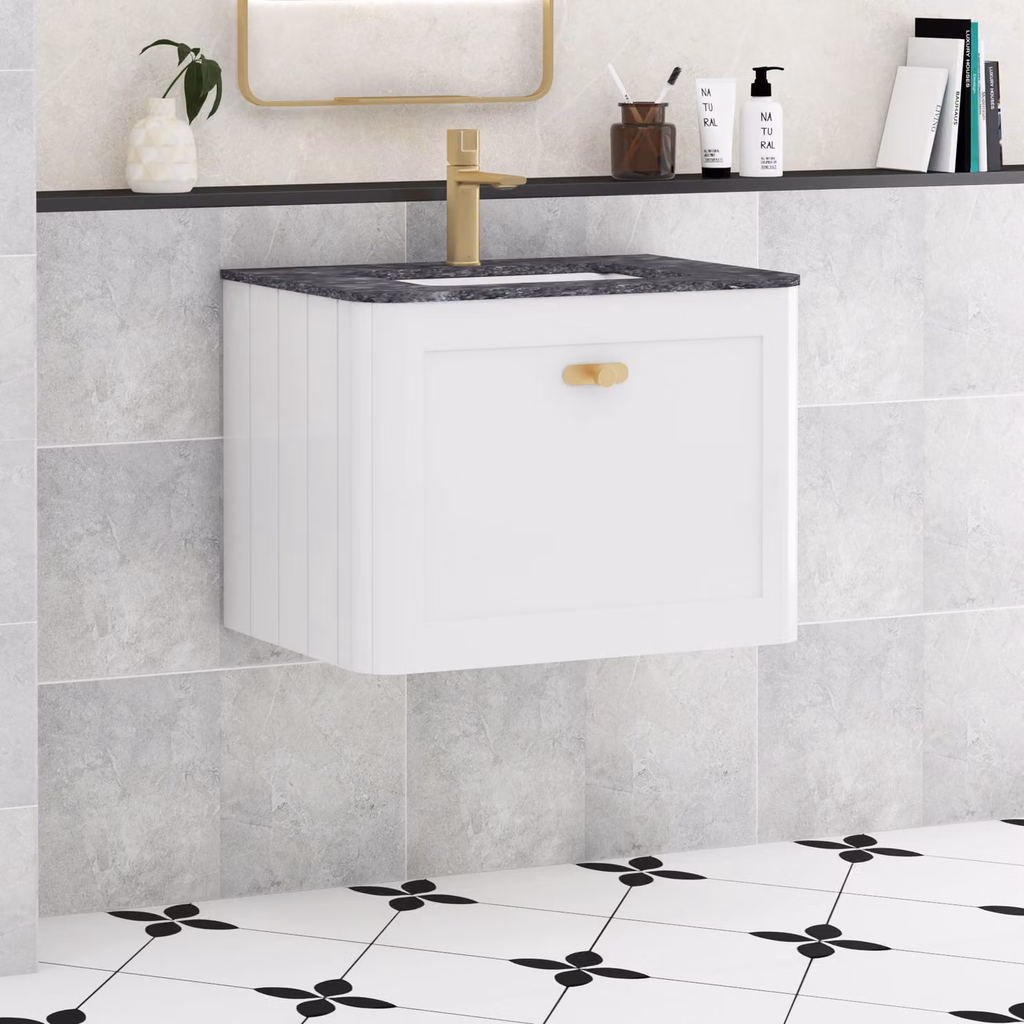 Royal Bathrooms Henley 600mm Gloss White Wall Hung Vanity Unit with Black Star Top and Brushed Brass Knob