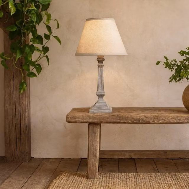 Wyld Haus Collioure White Washed Wooden Pedestal Table Lamp with Grey Linen Shade, Height: 25.4 cm