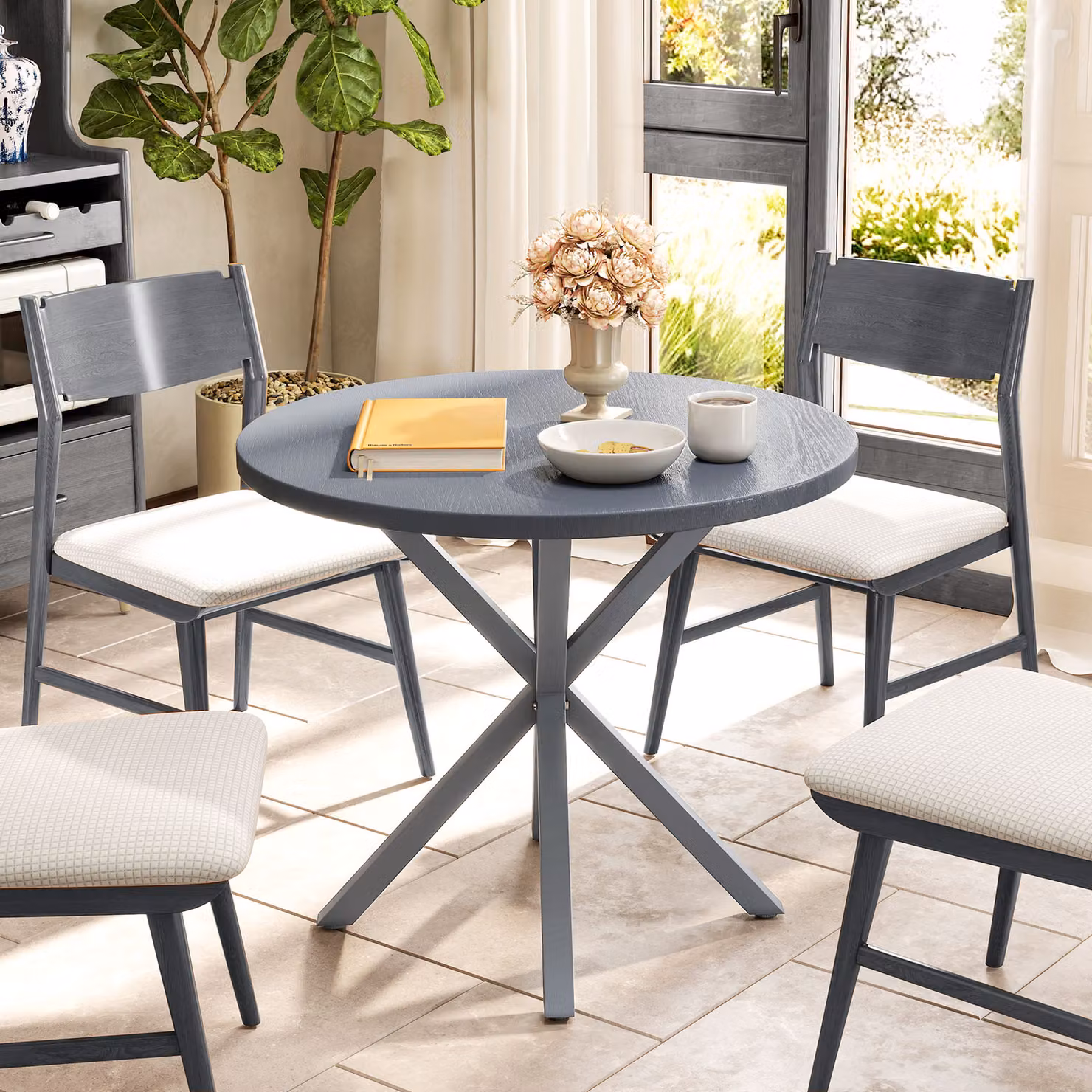 Outsunny Round Garden Dining Table with Wood Effect MDF Top and Powder Coated Steel Frame, Grey, Diameter: 85 cm – 7