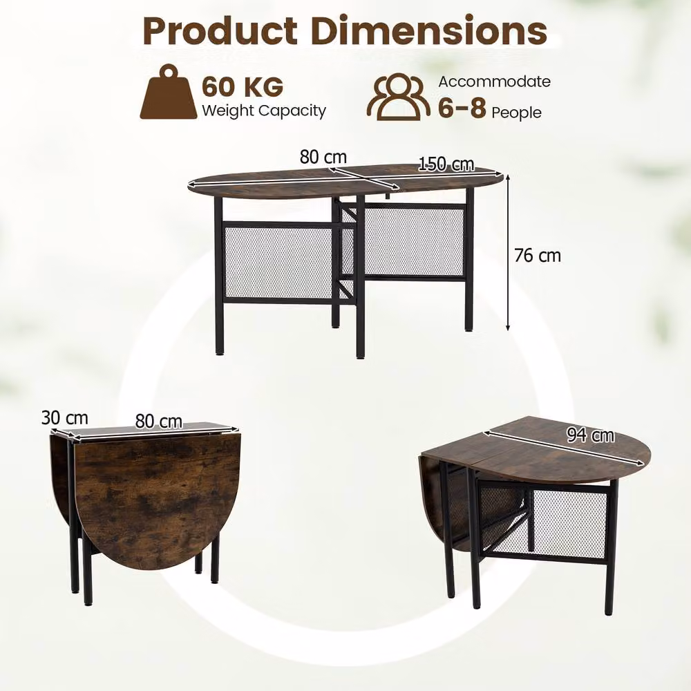 Costway Industrial Folding Dining Table and Console Table in Brown and Black, W: 150 cm, D: 60 cm, H: 76 cm – 2