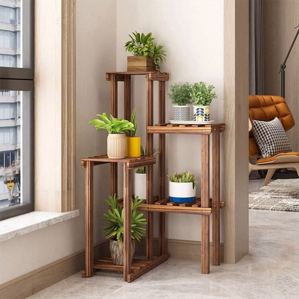 NESTLUNE 6-Tier Modern Corner Flower Planter Pot Stand in Brown Carbon Wood, W: 100 cm, D: 100 cm – 2