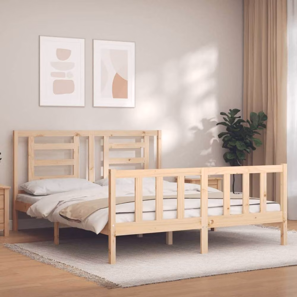 Berkfield Home Solid Wood Bed Frame with Headboard in Natural Pine, W/D/H: 160 x 200 cm – 2