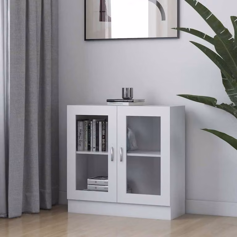 Berkfield Home White Vitrine Cabinet with Glass Doors, W/D/H: 82.5 x 30.5 x 80 cm