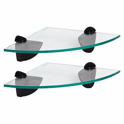 Harbour Housewares 2x Wall-Mounted Glass Corner Shelves for Bathroom Storage, Black and Transparent, 20 x 20 x 20 cm