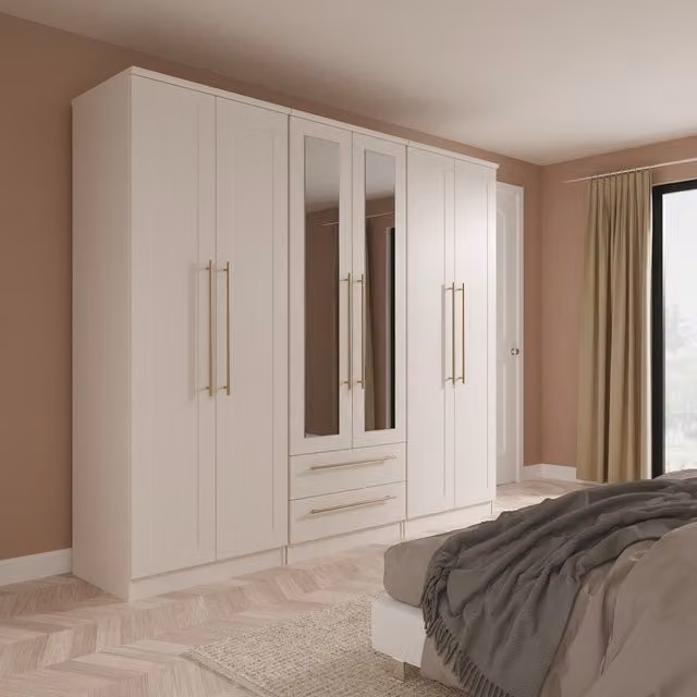 Haworth Ready Assembled Tall 6 Door Wardrobe in Kashmir Matt with Integrated Drawers and Mirror Doors