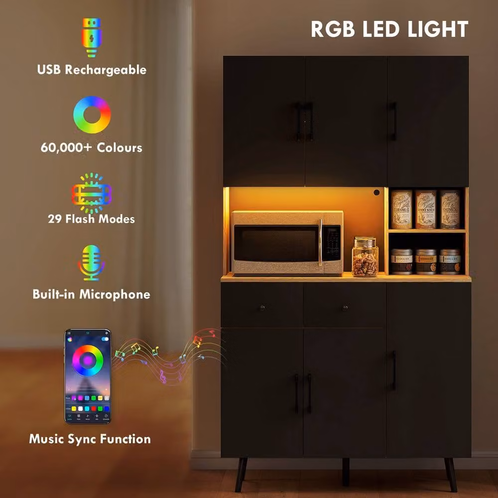 STILVORA Modern Tall Kitchen Cupboard with Integrated LED Lighting in Black and Oak Effect – 4